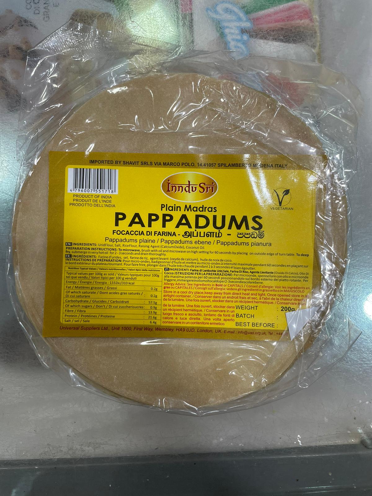 පපඩම්  Inndu Sri Plain Madras Pappadums 200g